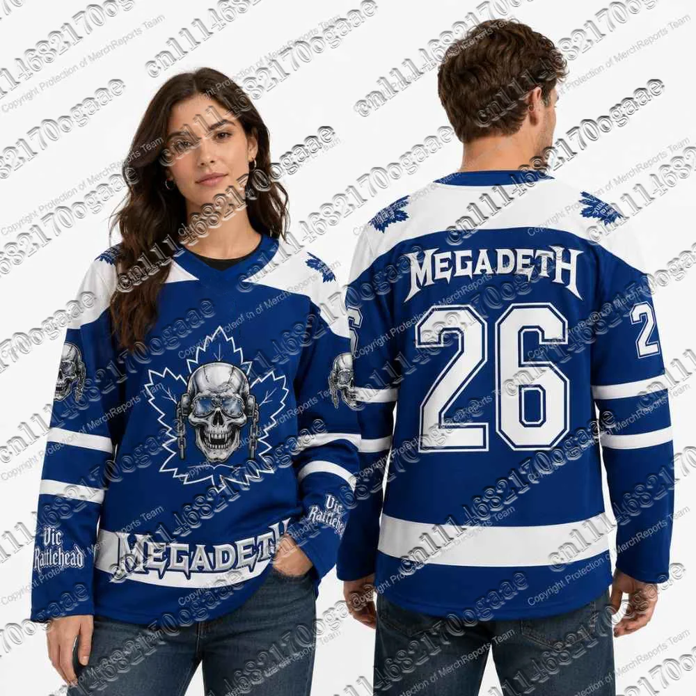 Men Megadeth Vic Rattlehead Skull 26 Graphic V‑Neck Long Sleeve Hockey Jersey Y2K Oversized Thrash Metal Streetwear Mesh Top