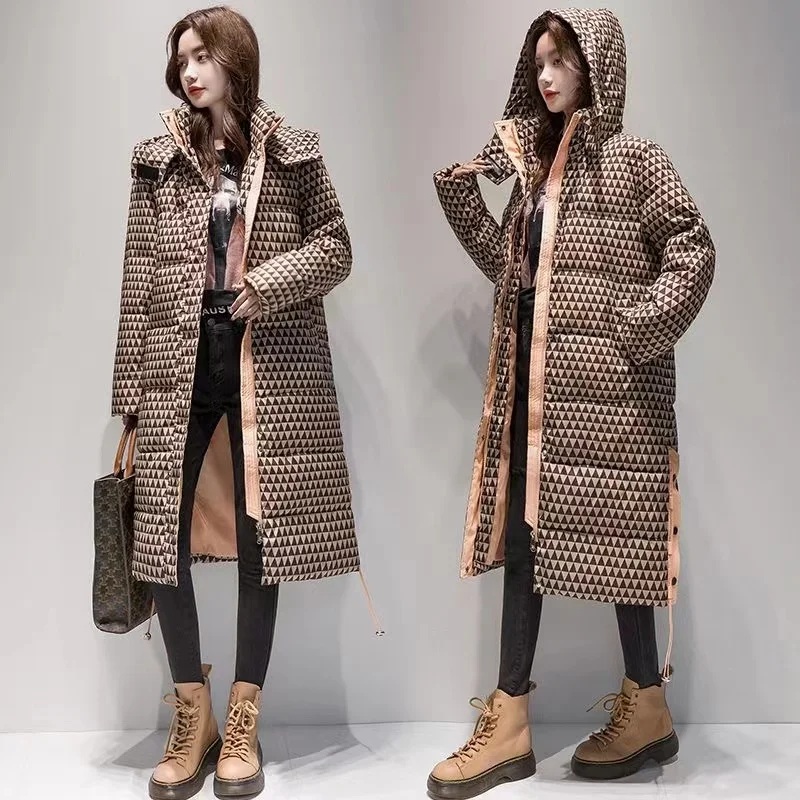 Dames Winter Contrasterende Kleuren Capuchon Mode Casual Dons Katoenen Dikke Jas Warme Parka \'S Winddichte Dames Lange Overjas