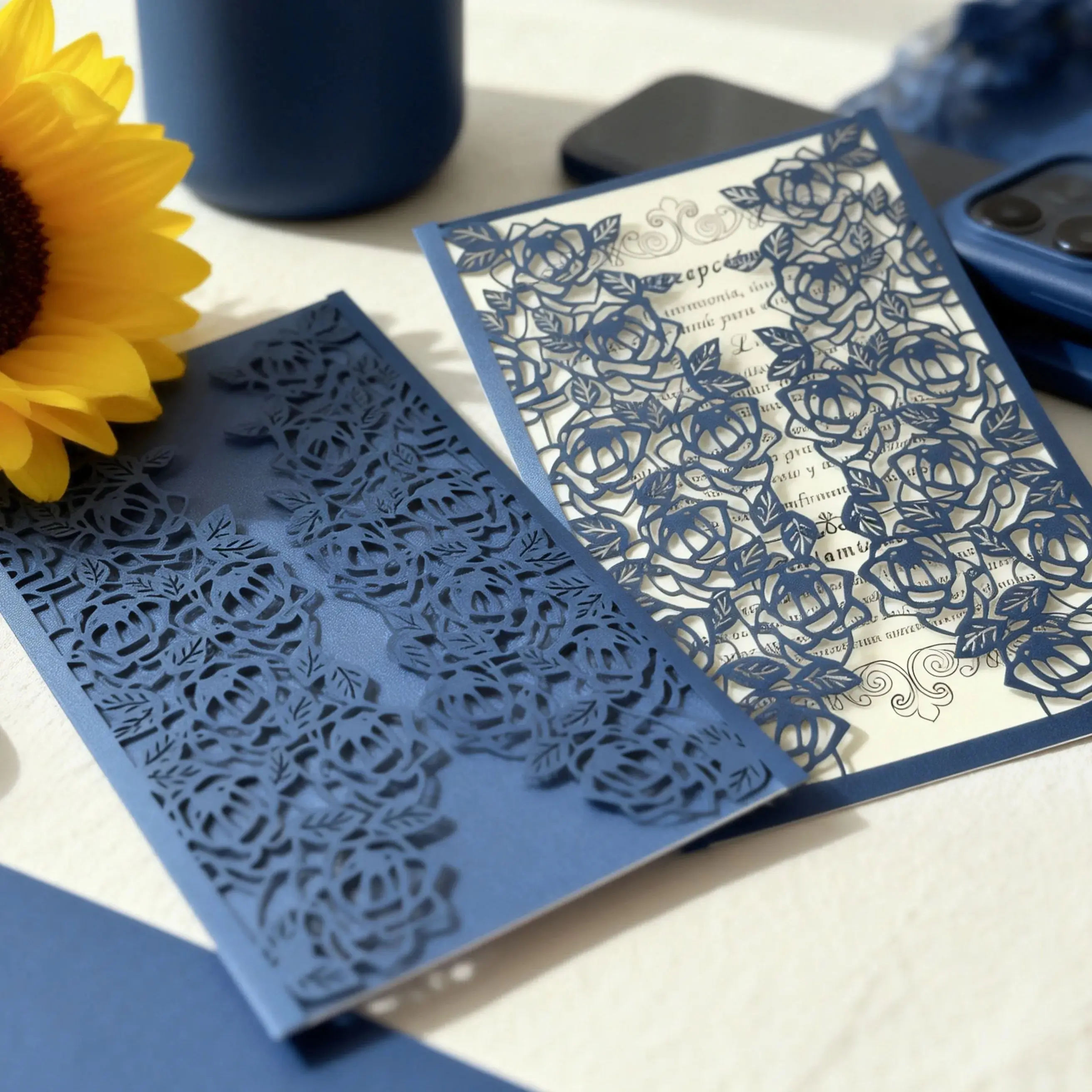 

10pcs Custom Navy Blue Laser Cut Invitations,Floral Designs High-end Quality Laser Cut Wedding Invitations Cards Gift Decoration