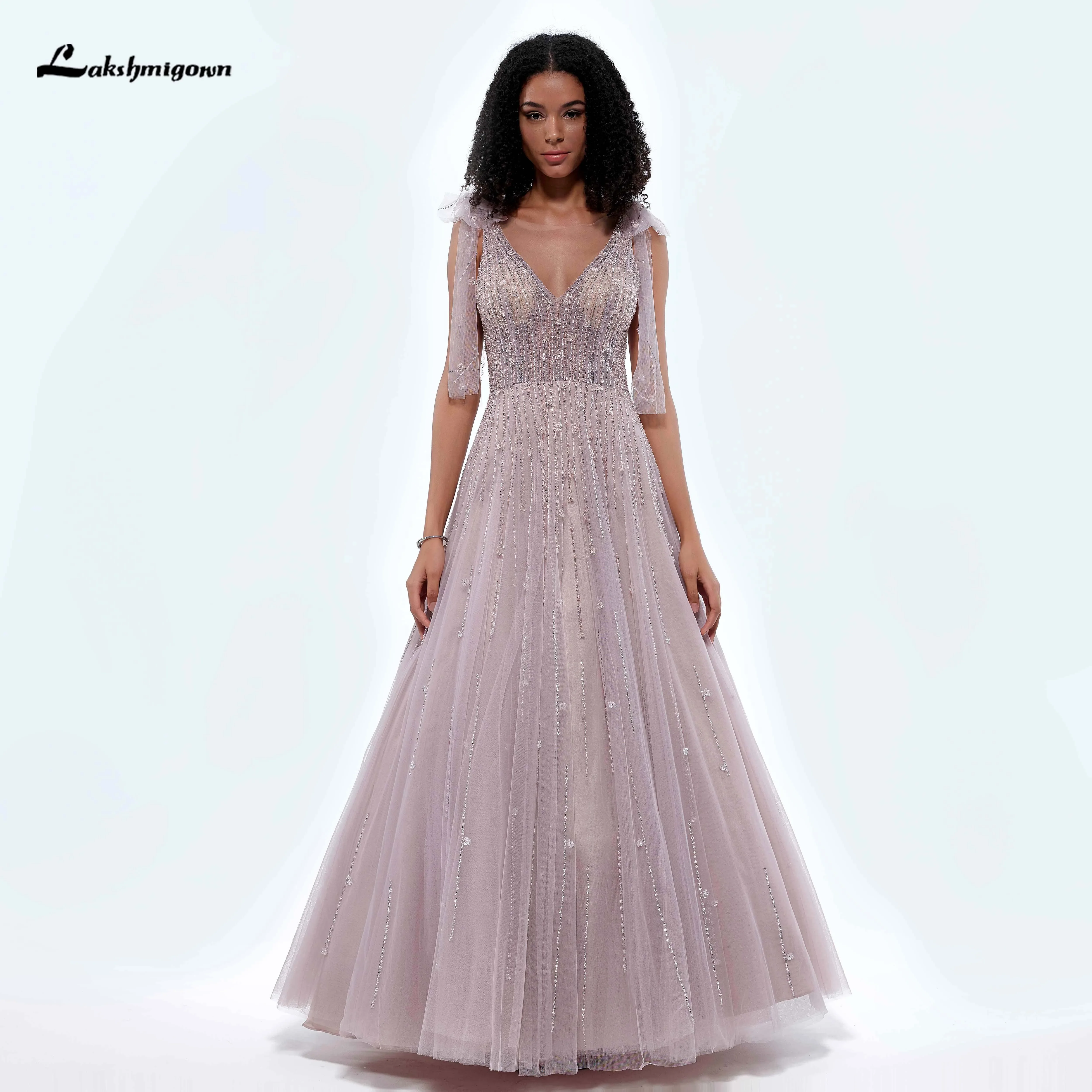 

Lakshmigown V Neck Spaghetti Straps Bow Beading Evening Party Dress For Women Party Gown vestidos para mujer elegantes y bonitos