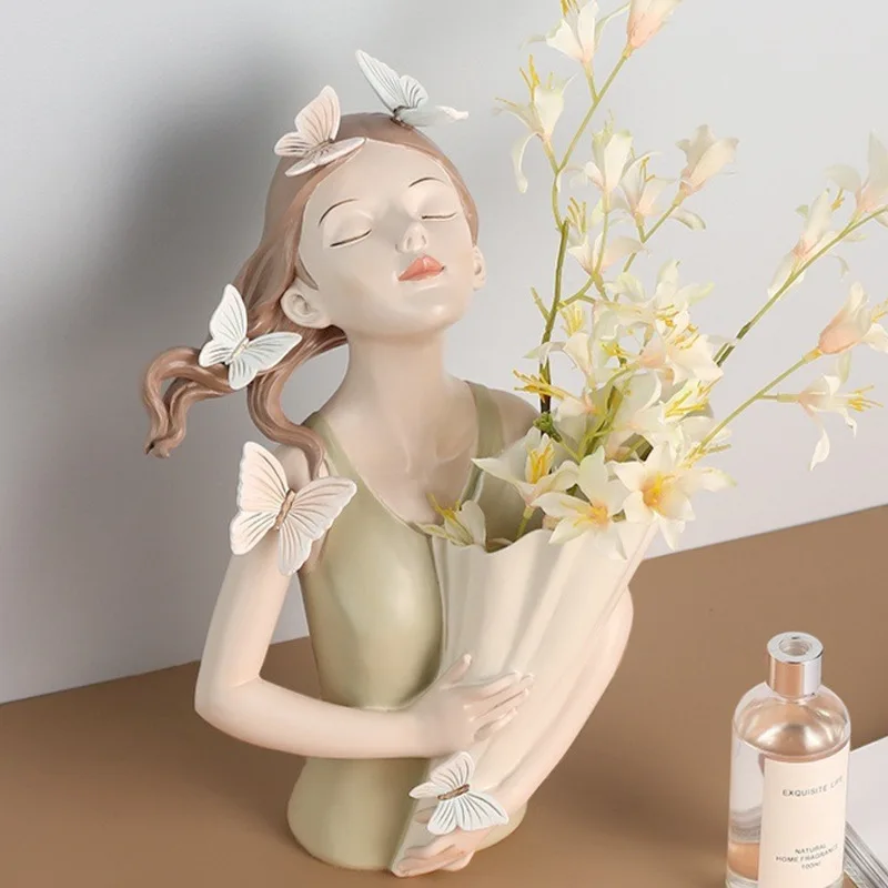 

New Butterfly Girl Sculpture Vase Bust Model Art Modern Storage Statues Home Living Room Desktop Decor Character Figurine
