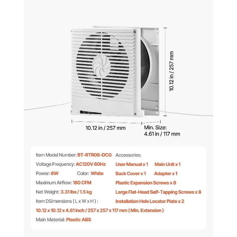 7.5 Inch Room to Room Fan Through Wall Fan AC Bi-directional Wind 180 CFM