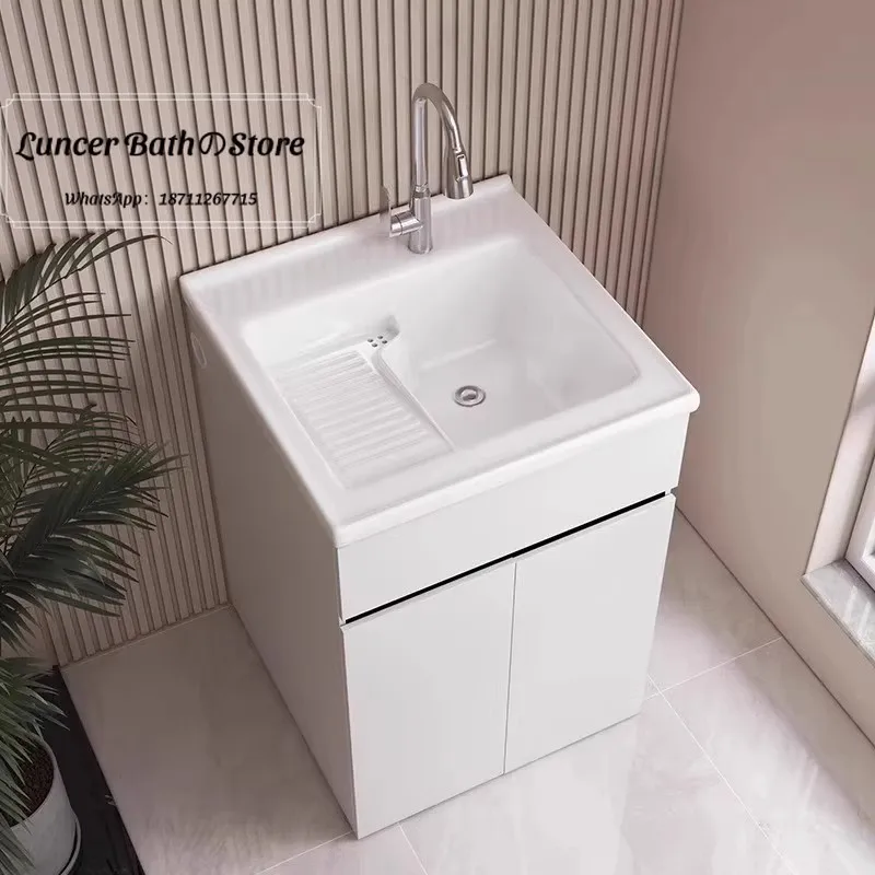 Honeycomb Aluminum Laundry Sink with Scrubbing Board, Ceramic Integrated Basin for Balcony, Hand Wash Sink Cabinet