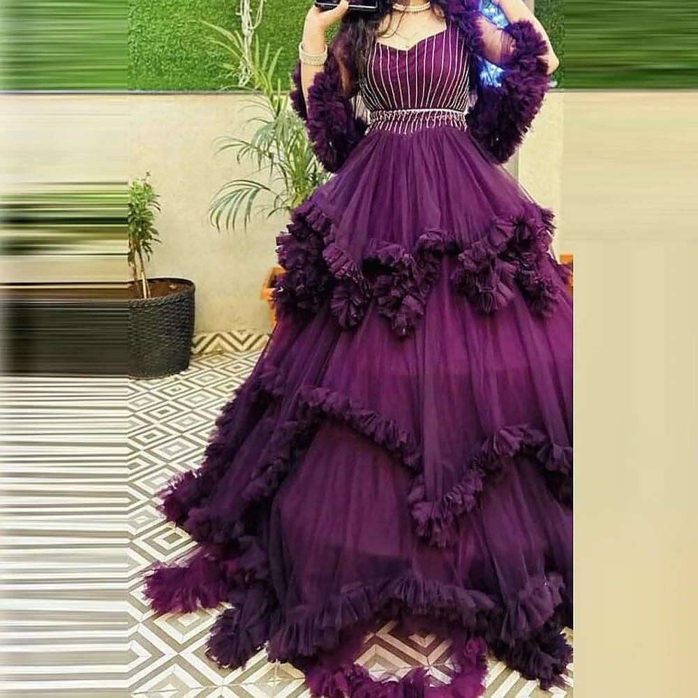 Purple Ruffles Tulle Dress Half Sleeves V Neck Layers Princess Celebrity Party Dress Birthday Gowns For Photo Shoots