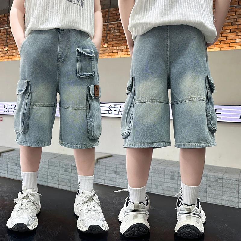 Kids Child Korean Style High Quality Denim Shorts with Pocket for Tweens Boy Casual Straight Cargo Jeans Capris Calf Pants 5-14T