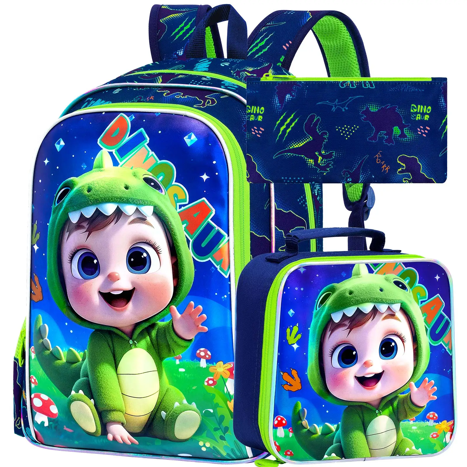 

3PCS Backpacks for Boys, 16" Kids Bookbag Water Resistant for Boy, Lightweight Backpack with Lunch Box -Dinosaur