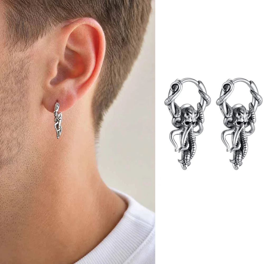 Vnox Stainless Steel Octopus Tentacle Hoop Earrings, Vintage Gothic Punk Dangle Piercing Jewelry Gift For Men Daily Party Wear