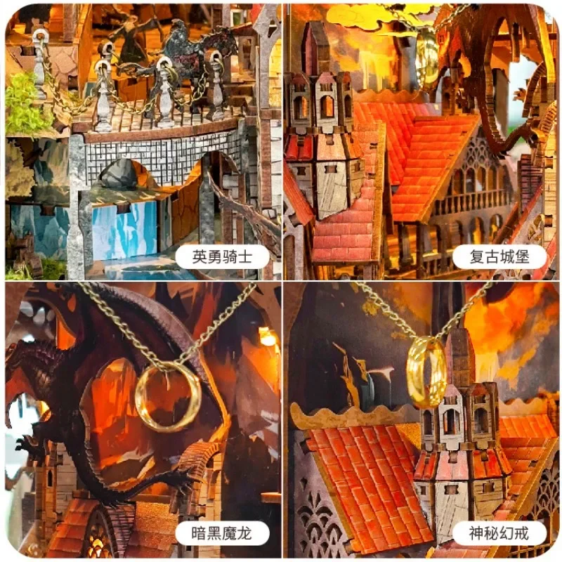 Nook per libri fai-da-te Kit modello in miniatura in legno Spirit Valley Anello magico Fermalibri Puzzle 3D Decorazione per libreria Regalo creativo per gli amanti dei libri
