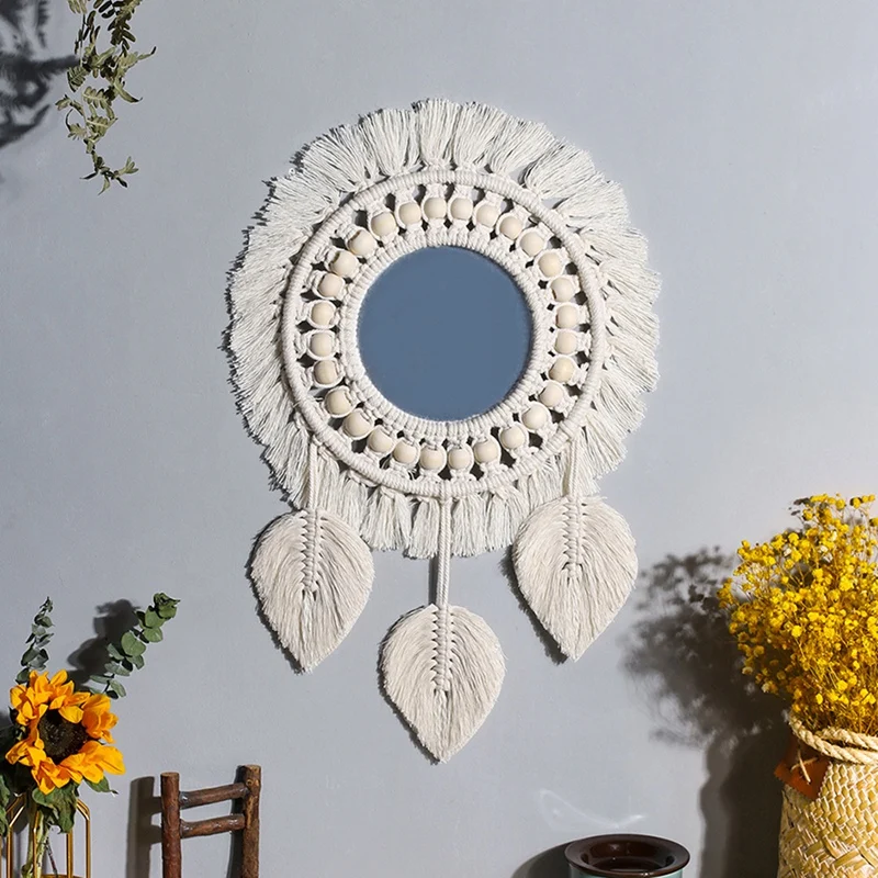 Pendurado Wall Mirror Franja Pingente, Contas de Madeira Redonda Branca, Ornamento Decorativo para Apartamento Quarto e Sala