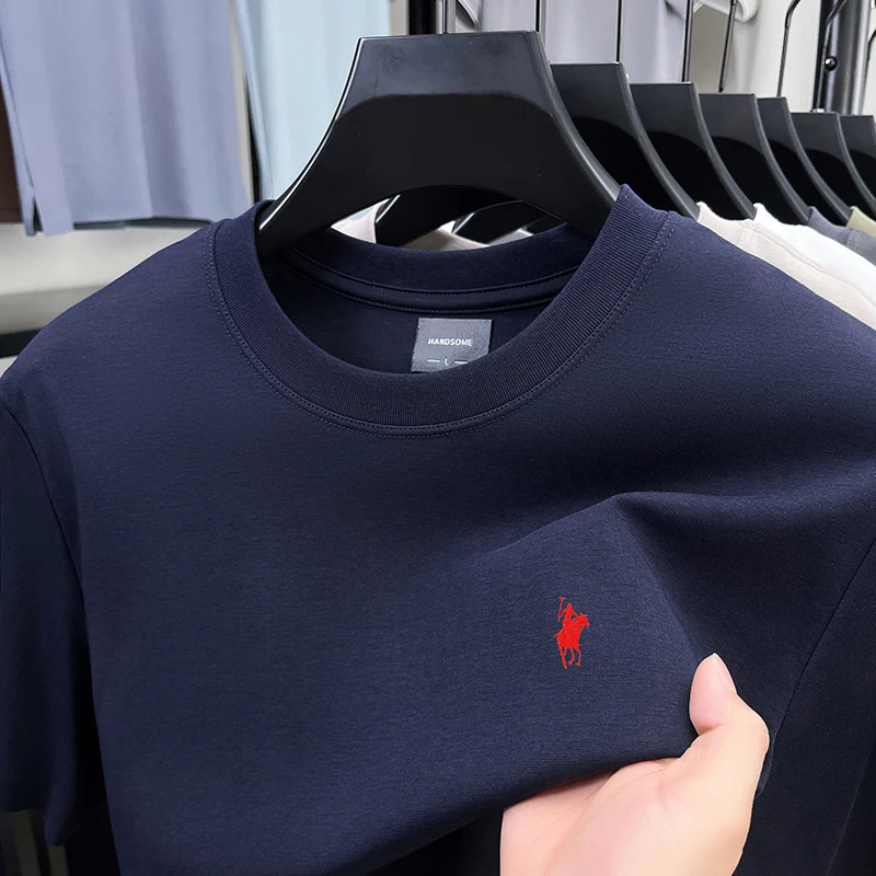 الراقية مصمم العلامة التجارية قصيرة الأكمام تي شيرت الرجال الصيف موضة جديدة بول المهر التطريز عادية الحرير الجليد القطن تنفس