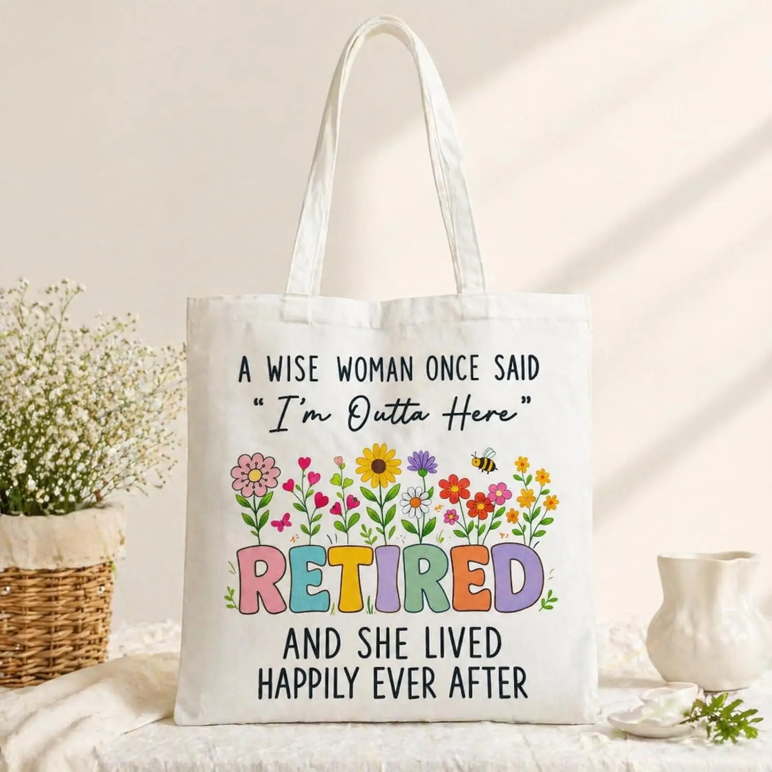 Retirement Celebration Canvas Shopping Bag Floral Retired Print Portable Tote Bag For Outings & Gifting