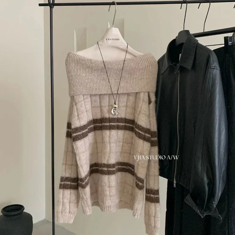 مزاجه واحد الكتف التباين سترة مخططة المتخصصة تنوعا عارضة مخطط فضفاض الكورية نمط السترة #4