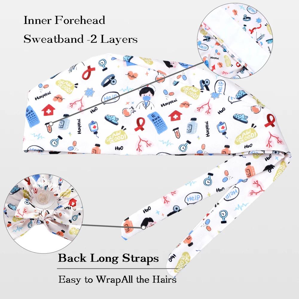 만화 프린트 치과 의사 스크럽 캡 여성용 의료용 스크럽 모자 수술 모자 유니섹스 수술실 모자 병원 의사 간호사 캡