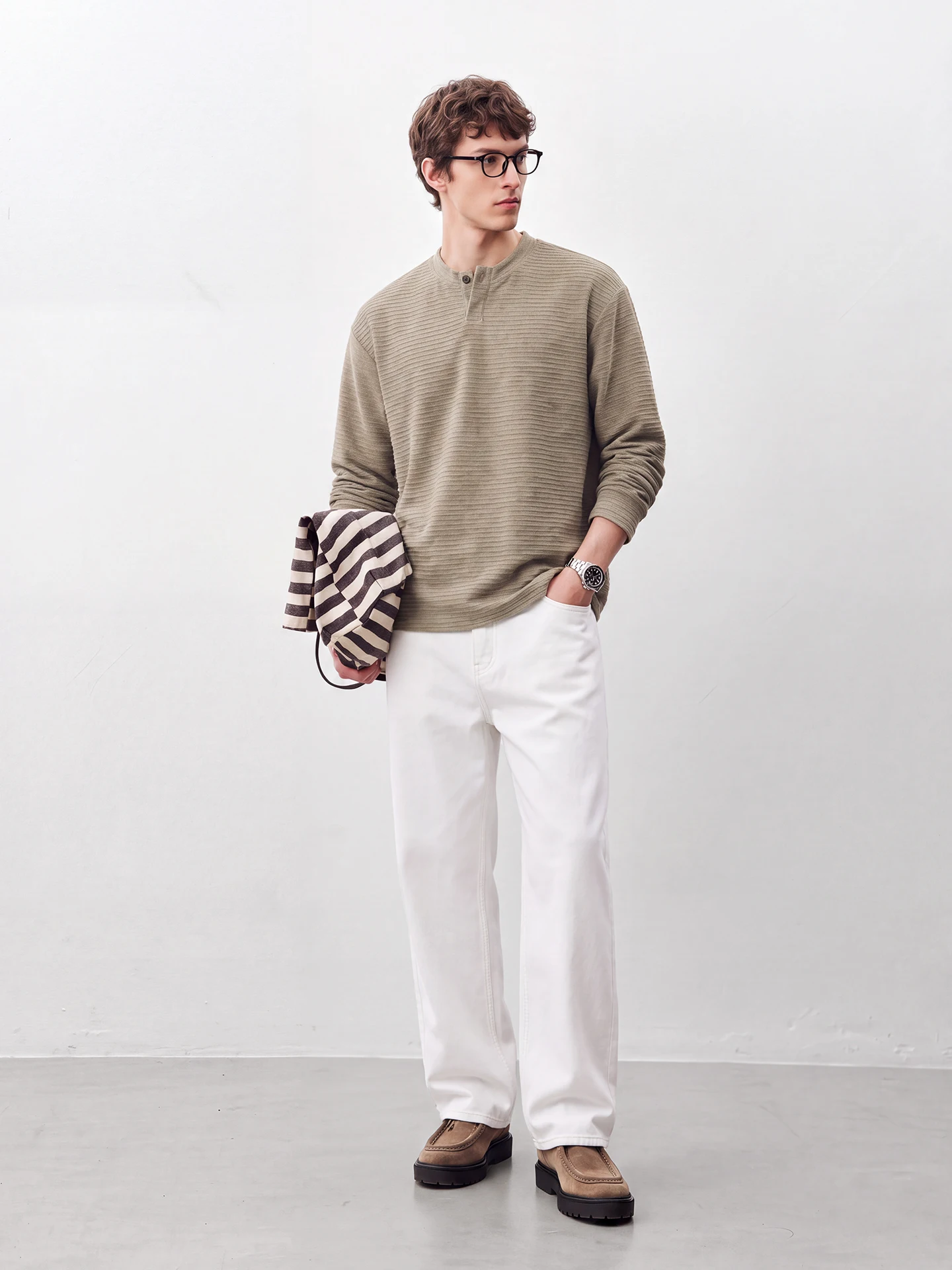Retro Henry Collar Long Sleeve T-Shirt Men's Preppy Style Commute Top Textured Horizontal Weave Luxury Polyester Fiber