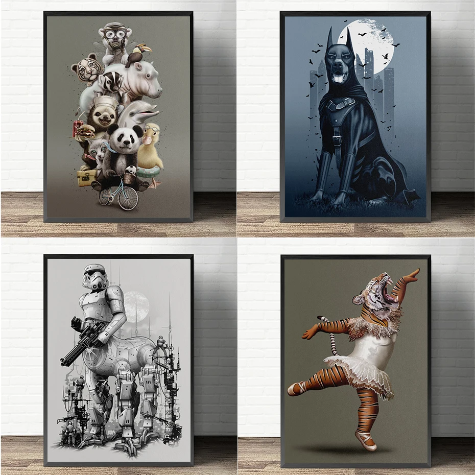 

Creative Funny Animal Posters Tiger Dancing Ballet Intelligent Robot Dog Panda Wall Art Prints Monkey Canvas Painting Home Decor