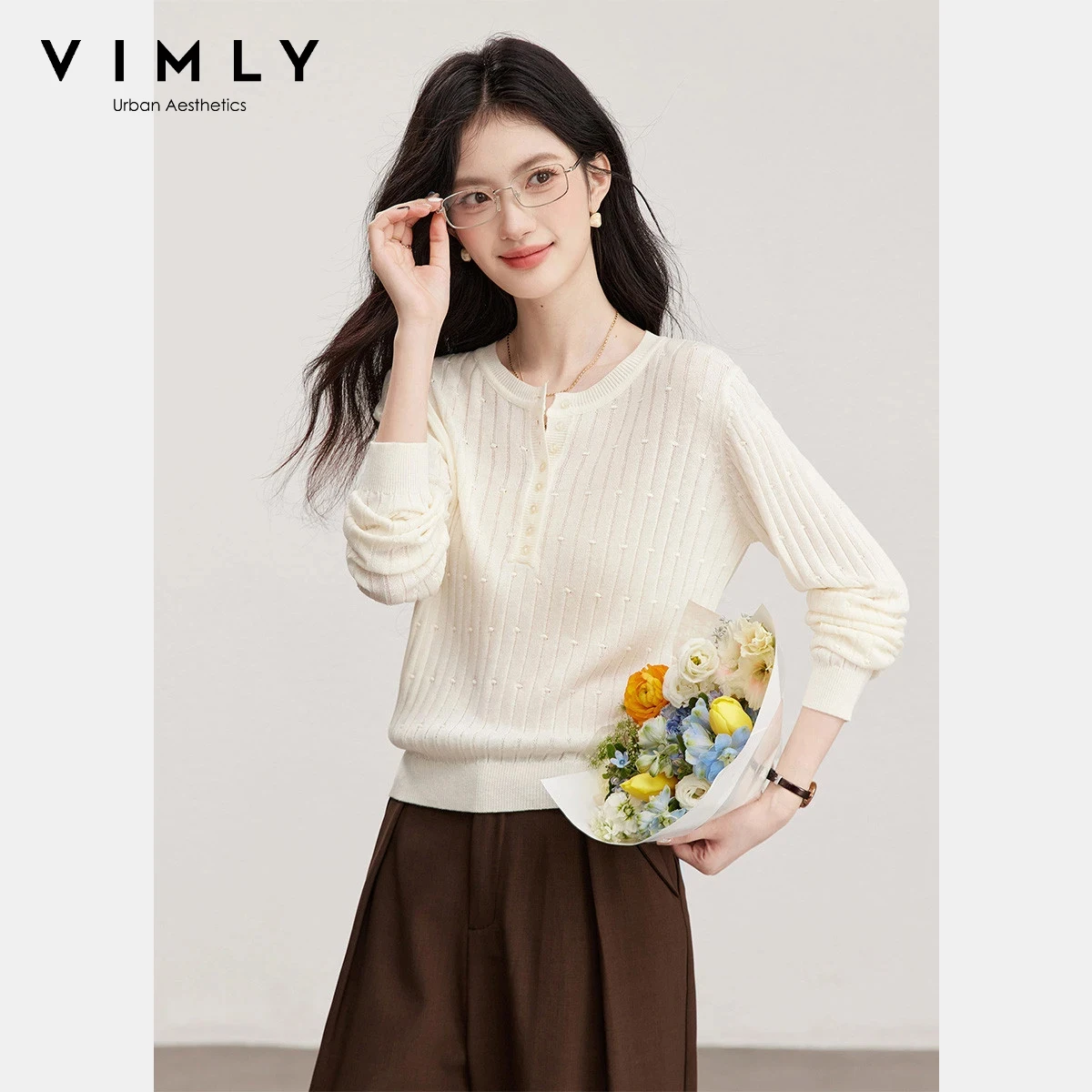 

Женские белые свитера VIMLY, повседневные, облегающие, вязаные, эластичные пуловеры, весна 2026, французский стиль, с круглым вырезом, короткие топы для женщин, 16697