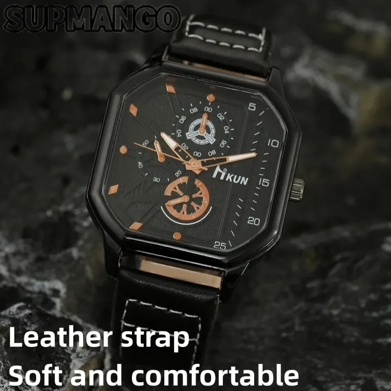 NEW Alloy Men Quartz Watches Leather Strap Big Dial Student Square Sports Watch Cool Black Men\'s Watch Waterproof Wristwatch