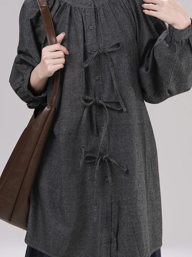 Retro Japanese Style Loose Fit Cotton Shirt Women's Deep Grey round Neck with Belt Mid-Length Sleeve Long Autumn Top