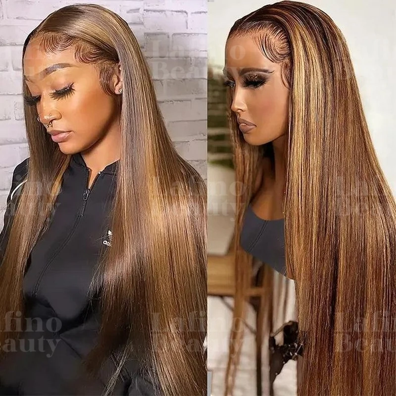 

4/27 Bone Straight Highlight Wig Human Hair 13x6 HD Lace Frontal Wigs Ombre Honey Blonde Colored Straight for 4/27