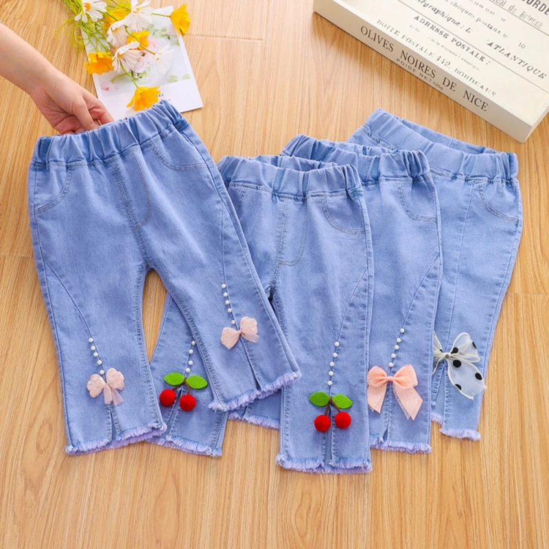 

2024 Spring Autumn Girls Jeans Kids Cute Bowknot Leisure Style Denim Sky Blue Loose Long Pants Children Flared Pants