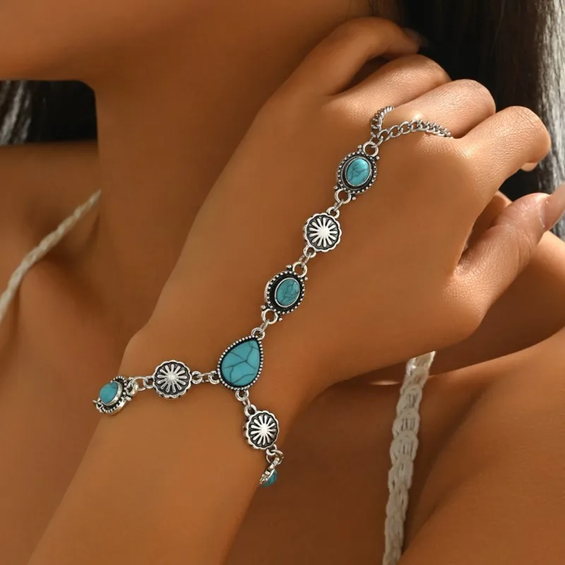 Vintage Ethnic Style Summer Bohemian Design Bracelet for Women Trendy Oval Cracked Imitation Turquoise Chain Ring Party Jewelry