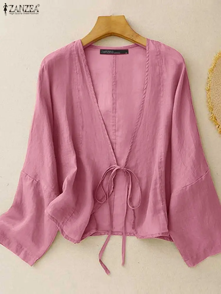 

Осенний кардиган ZANZEA 2024, женские повседневные топы с длинными рукавами, однотонное кимоно, блузка с открытой передней частью, женская праздничная накидка с v-образным вырезом, оверсайз