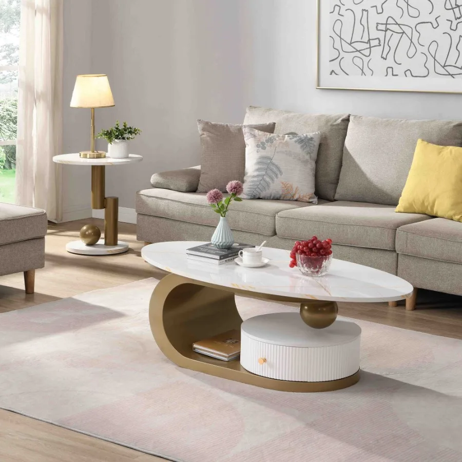 Modern Nesting Golden Coffee Table Set of 2 End Table for Living Room Oval and Round Table Set