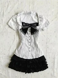 Hotsweet Girl Fashion Suit Y2k Retro Short Sleeve T Shirt Summer Crop Top Gothic Aesthetic Bow Top Women Sexy Sling Mini Skirt