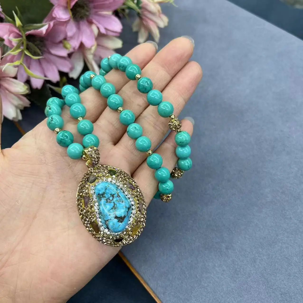 DIY accessories Turquoise sweater chain Internet celebrity with full diamond process color retention electroplating handmade des