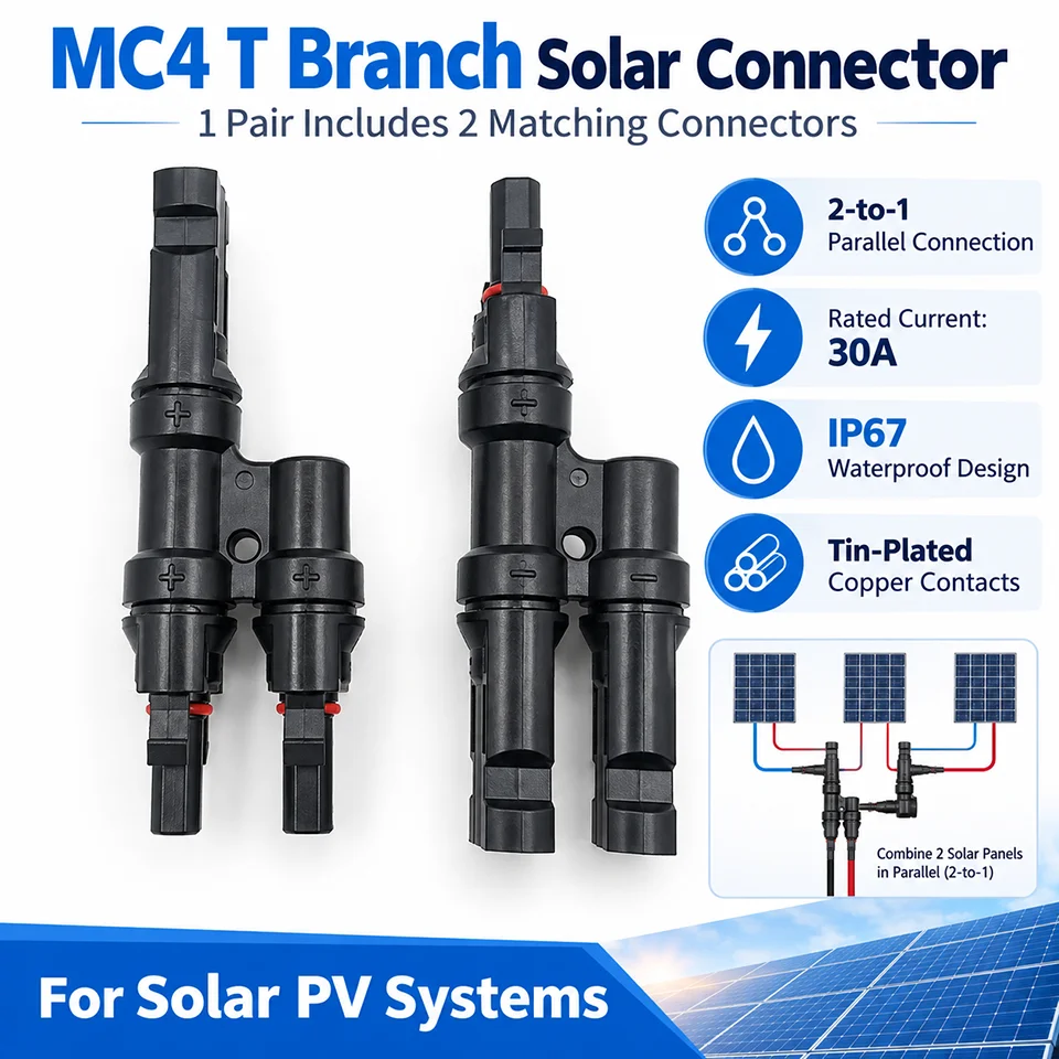 1 Pair MC4 Type Solar Y Branch Connectors 2 to 1 T Splitter 30A IP67 for Solar Panel Parallel Wiring RV Off Grid