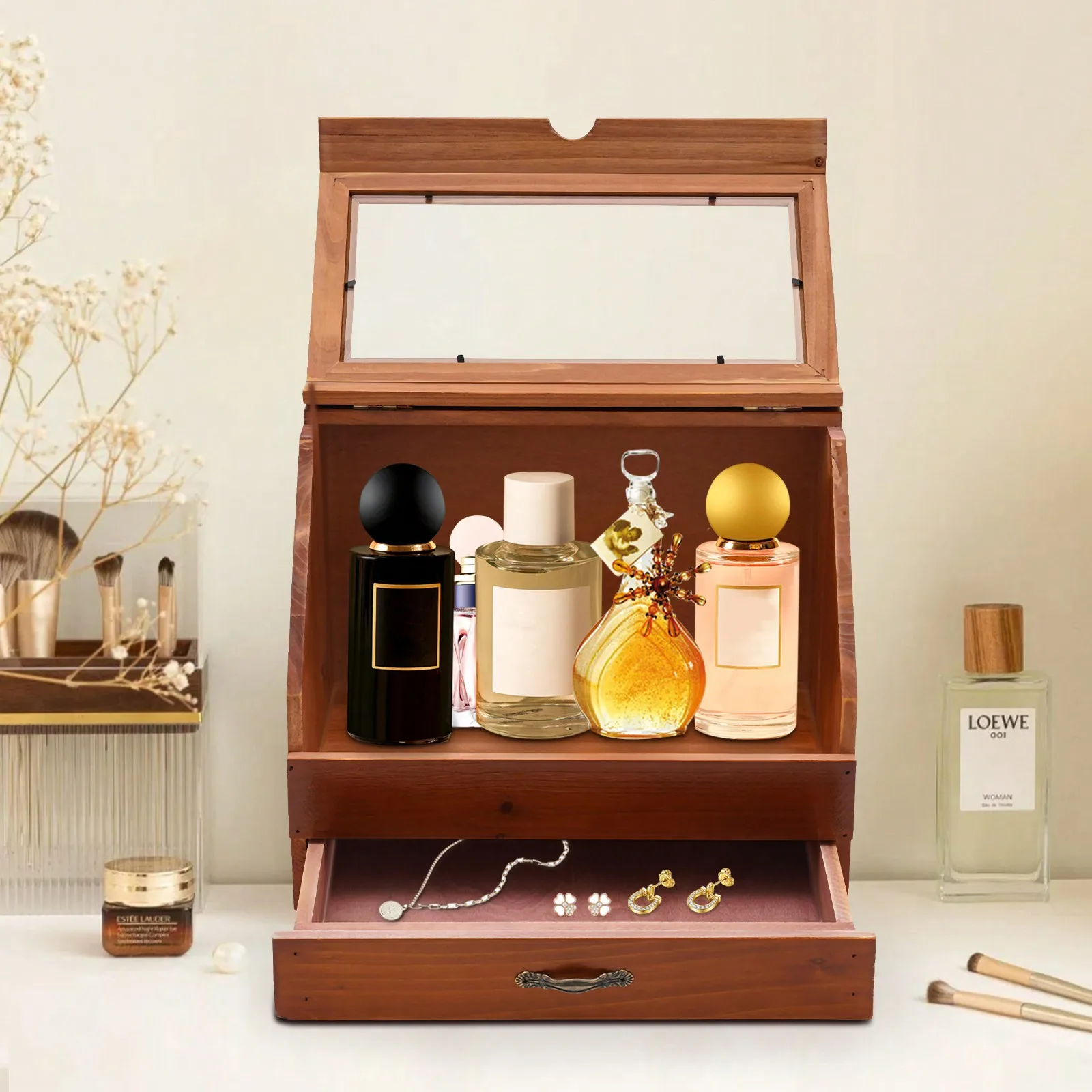 

2 Tier Perfume Organizer With Drawer Large Capacity Perfume Display Storage Wood Holder Stand With Clear Glass Lid