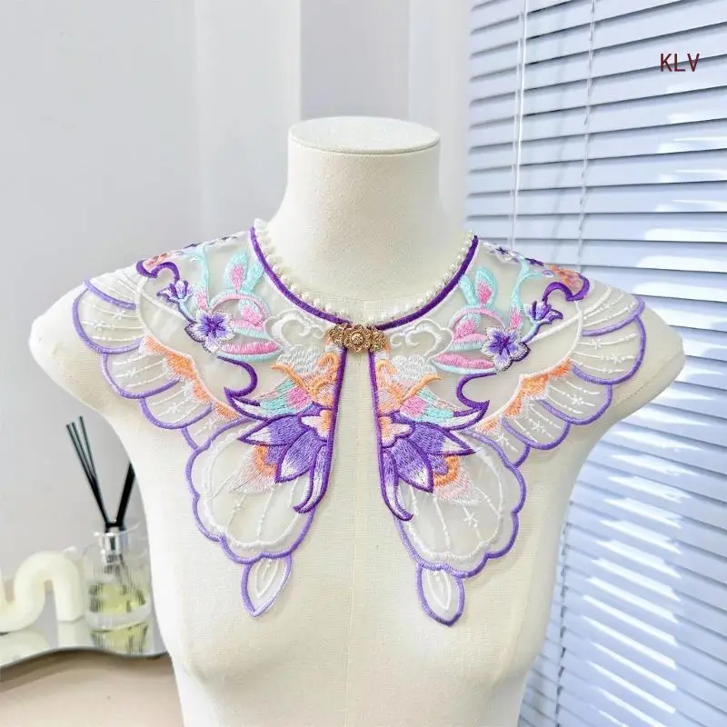 

Embroidered Lace Floral Pattern False Collar with Pearl Beads Universal Removable Collar Sweater Shirt Collar for Women