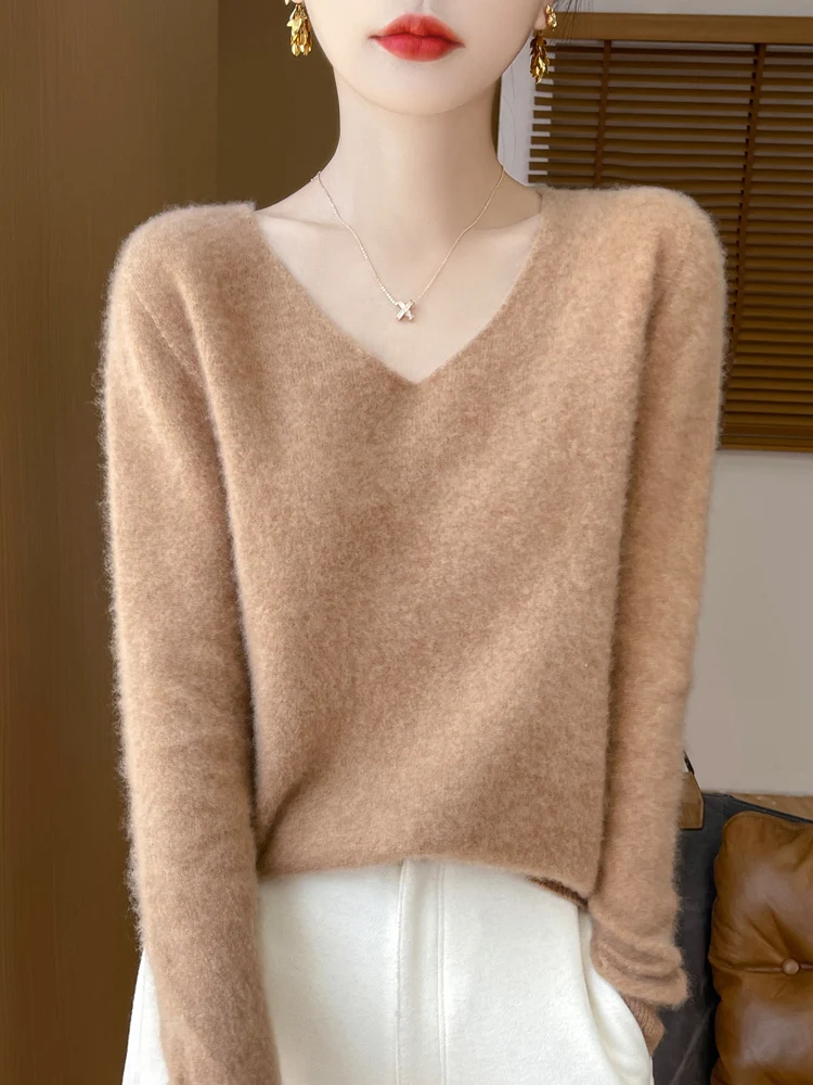 

Теплый свитер из 100% мериносовой шерсти, мягкий однотонный женский пуловер с V-образным вырезом для осени и зимы, повседневная одежда с длинными рукавами, стильный топ