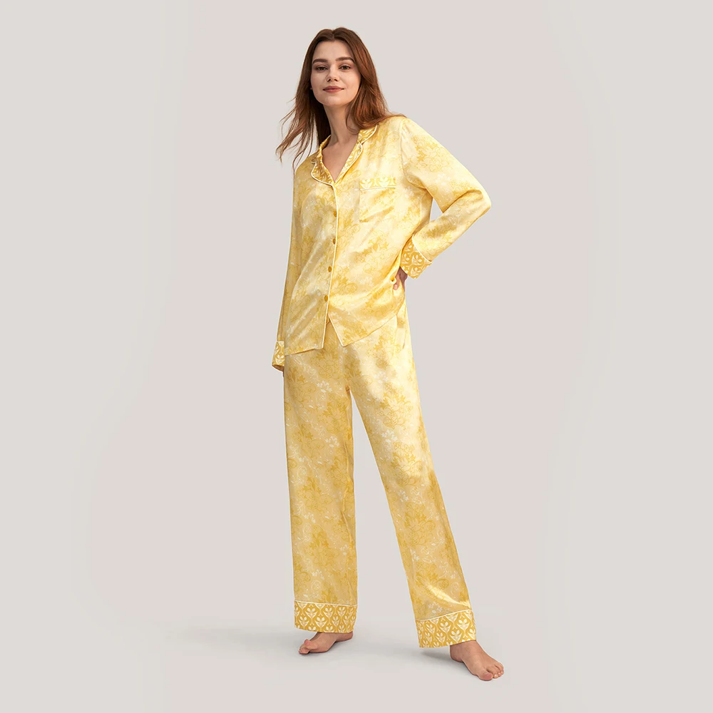 LILYSILK 19 Momme Golden Lily Silk Satin Pajama Set 2022 New Femme Casual 2 Pieces Sleepwear Suits Ladies Overalls Free Shipping