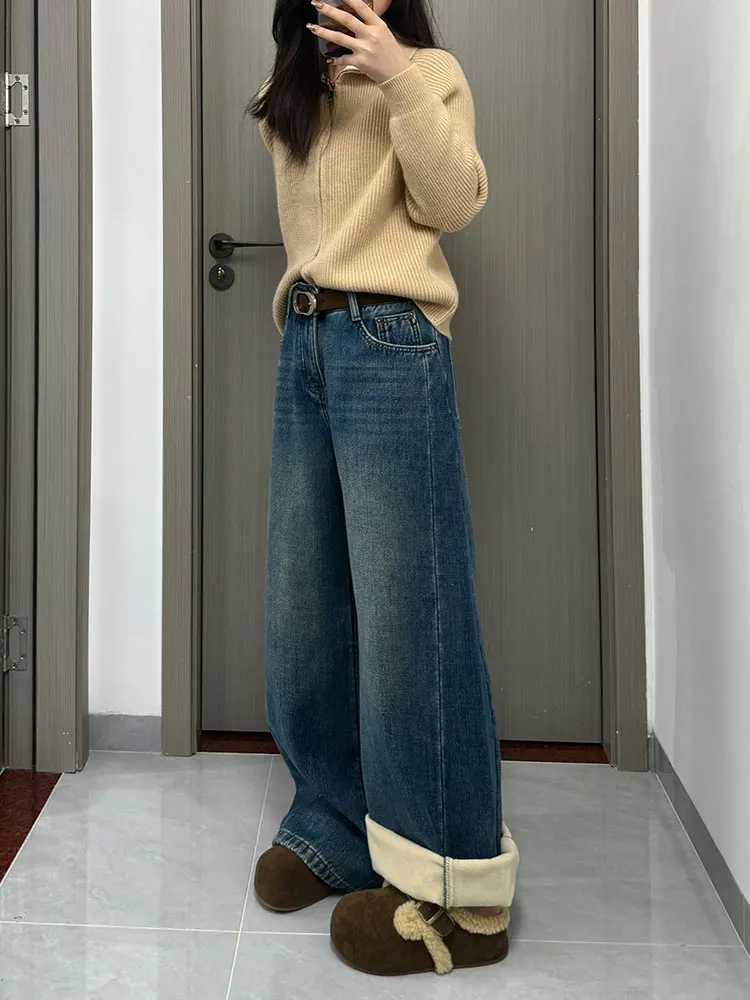 

Thiened теплые джинсы на подкладке с ножом, женские зимние темно-синие узкие широкие брюки длиной до пола, повседневные брюки