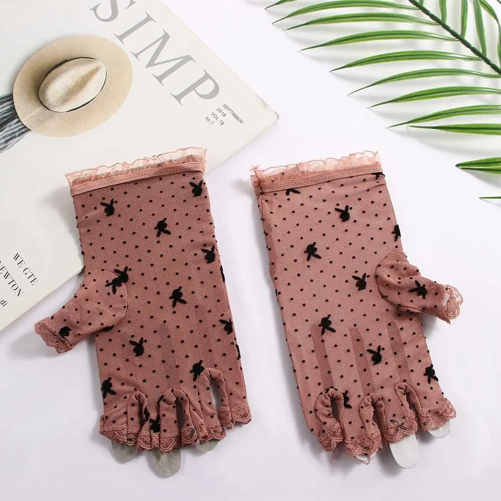 Thin Sweet Dots Hollow Summer Mesh Driving Gloves Rabbit Head Pattern Fingerless Mittens Lace Gloves