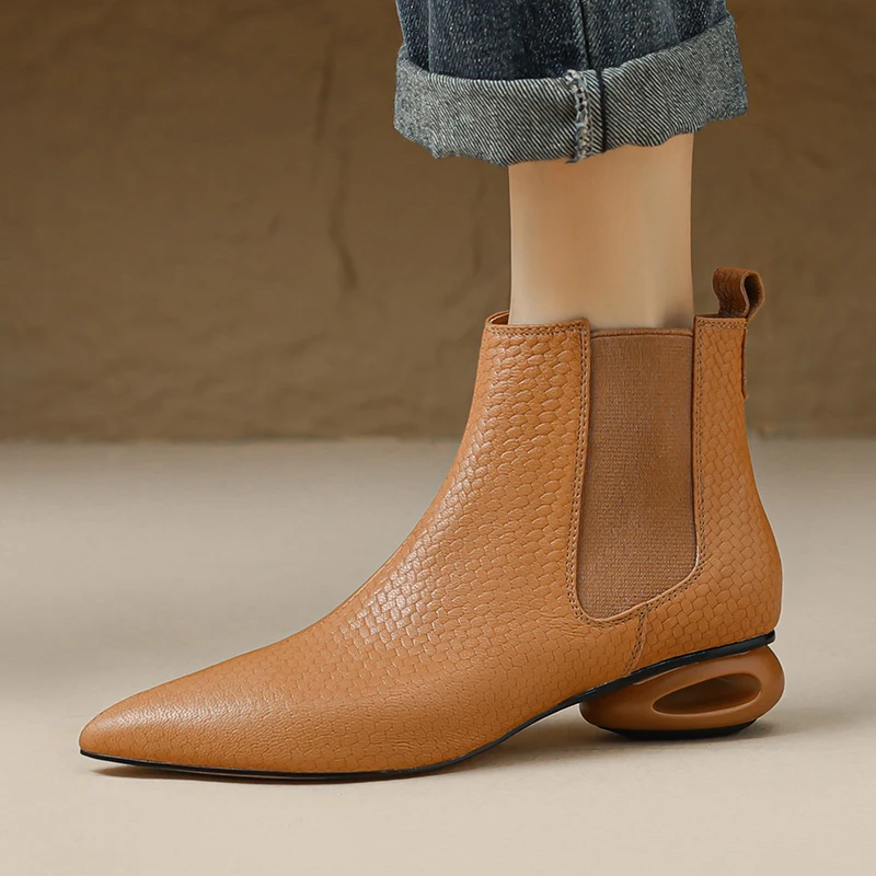 2025 New Women Ankle Boots Fashion Design Strange Heels Mature Shoes Woman Genuine Leather High Quality Office Lady Basic Boots