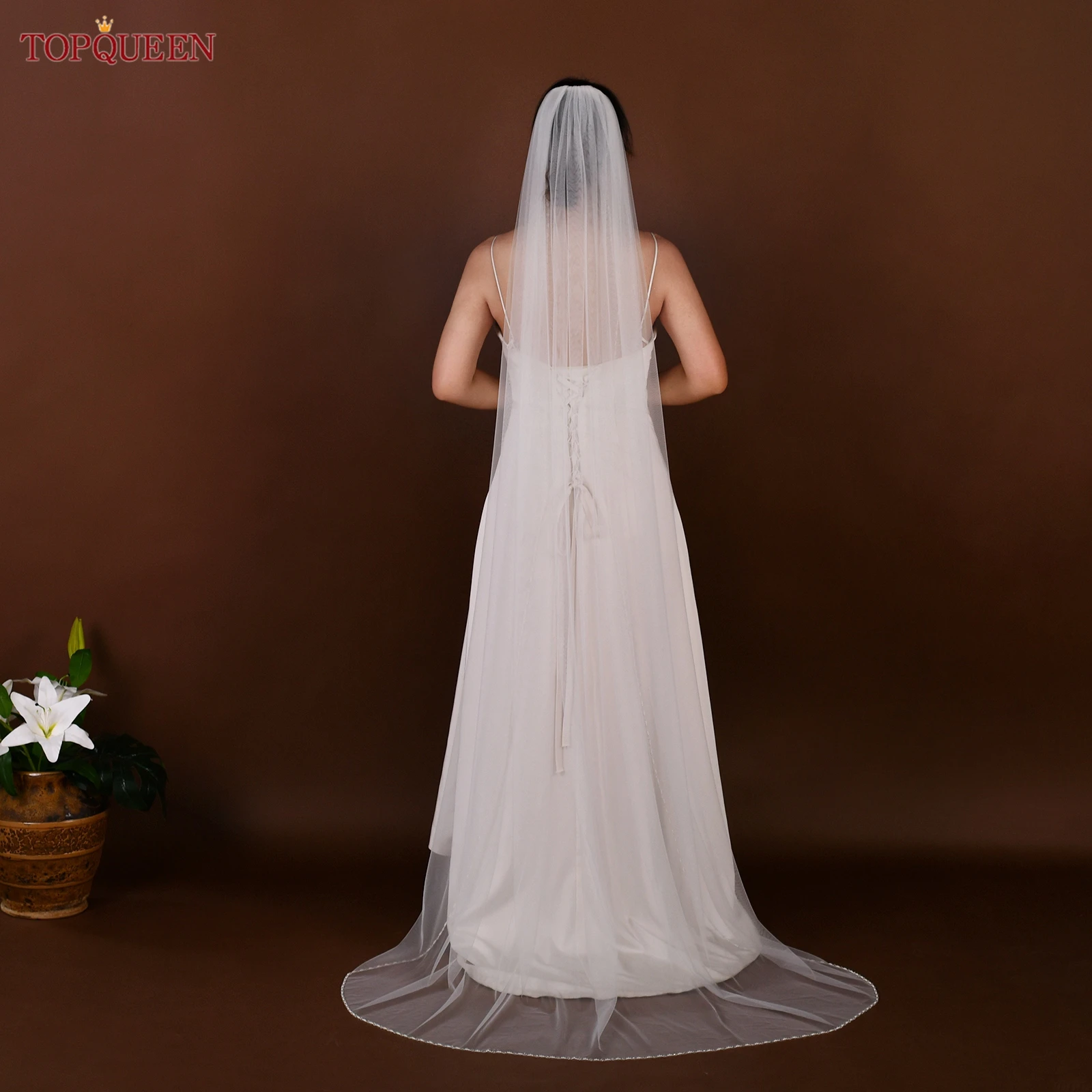 TOPQUEEN V107 Elegant Bridal Veil with Comb Single Layer Tulle Wedding Veil Custom Sizes Available Beaded Edge Design