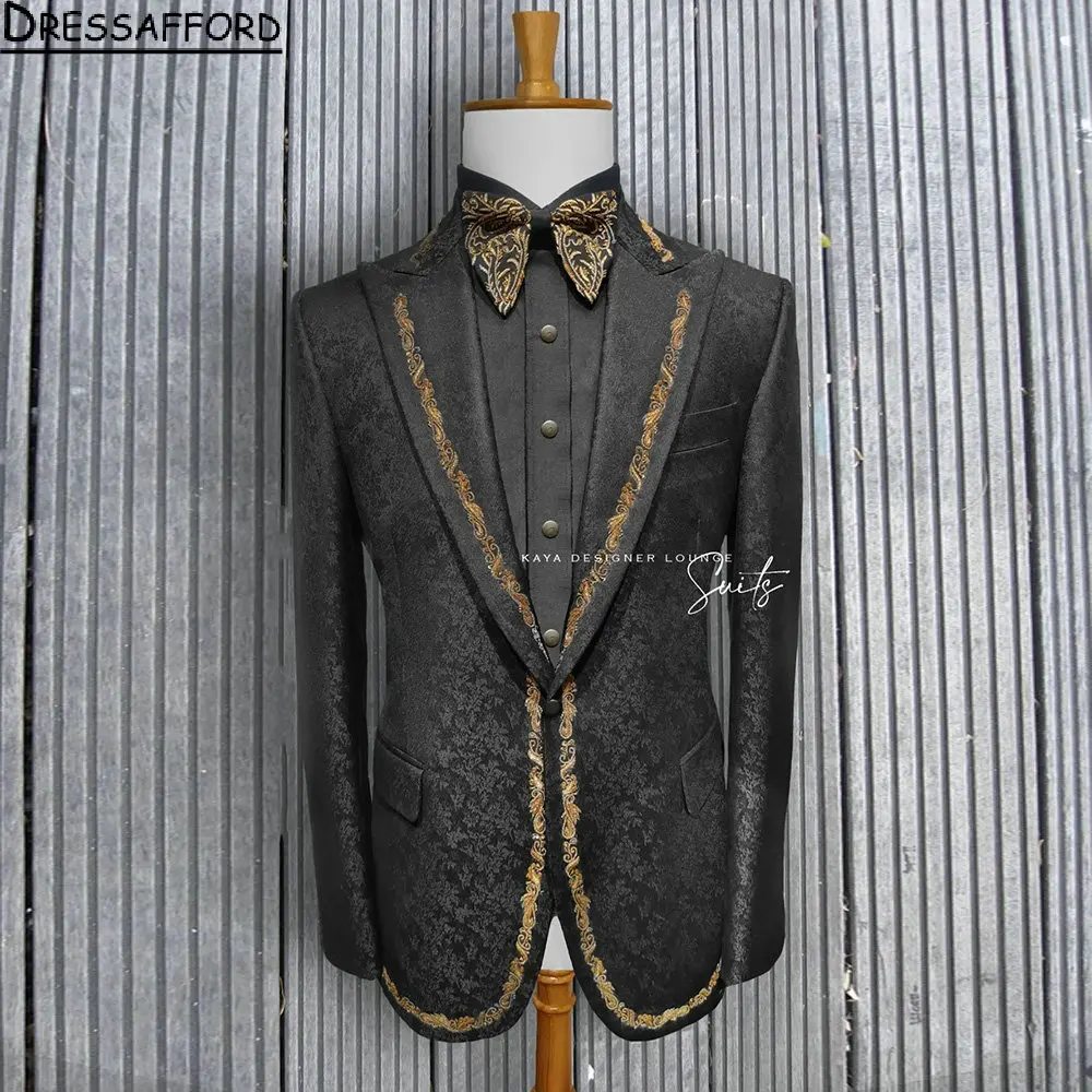 

Black Jacquard Weave Men Suits Appliques Groom Wedding Tuxedos 2 Pieces Sets Dinner Prom Blazers Terno Masculino Completo