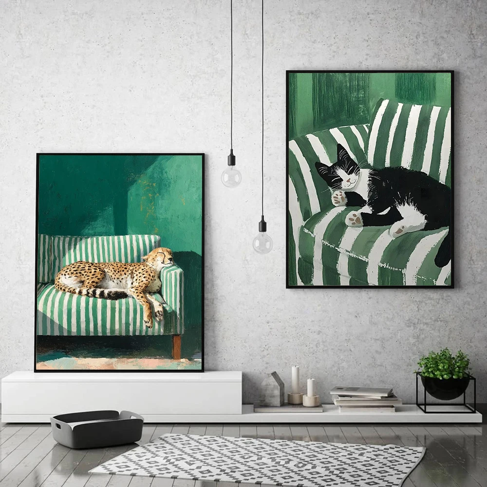 Dark Green Stripe Sleeping Drinking Cat Leopard Painting Abstract Nordic Boho Wall Art Animal Picture Canvas Print Home Decor