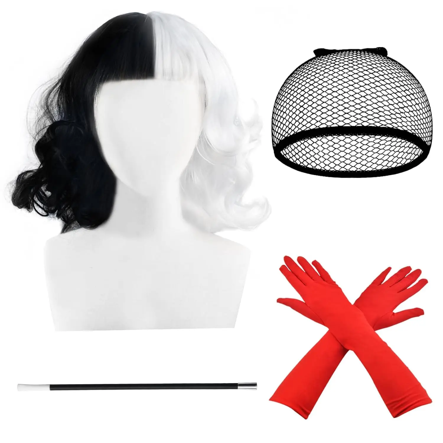 

4 PCS Black and White Wig Costume Set Black & White Wig Red Gloves Cap Costume Stick - Ideal for Halloween Cosplay Themed