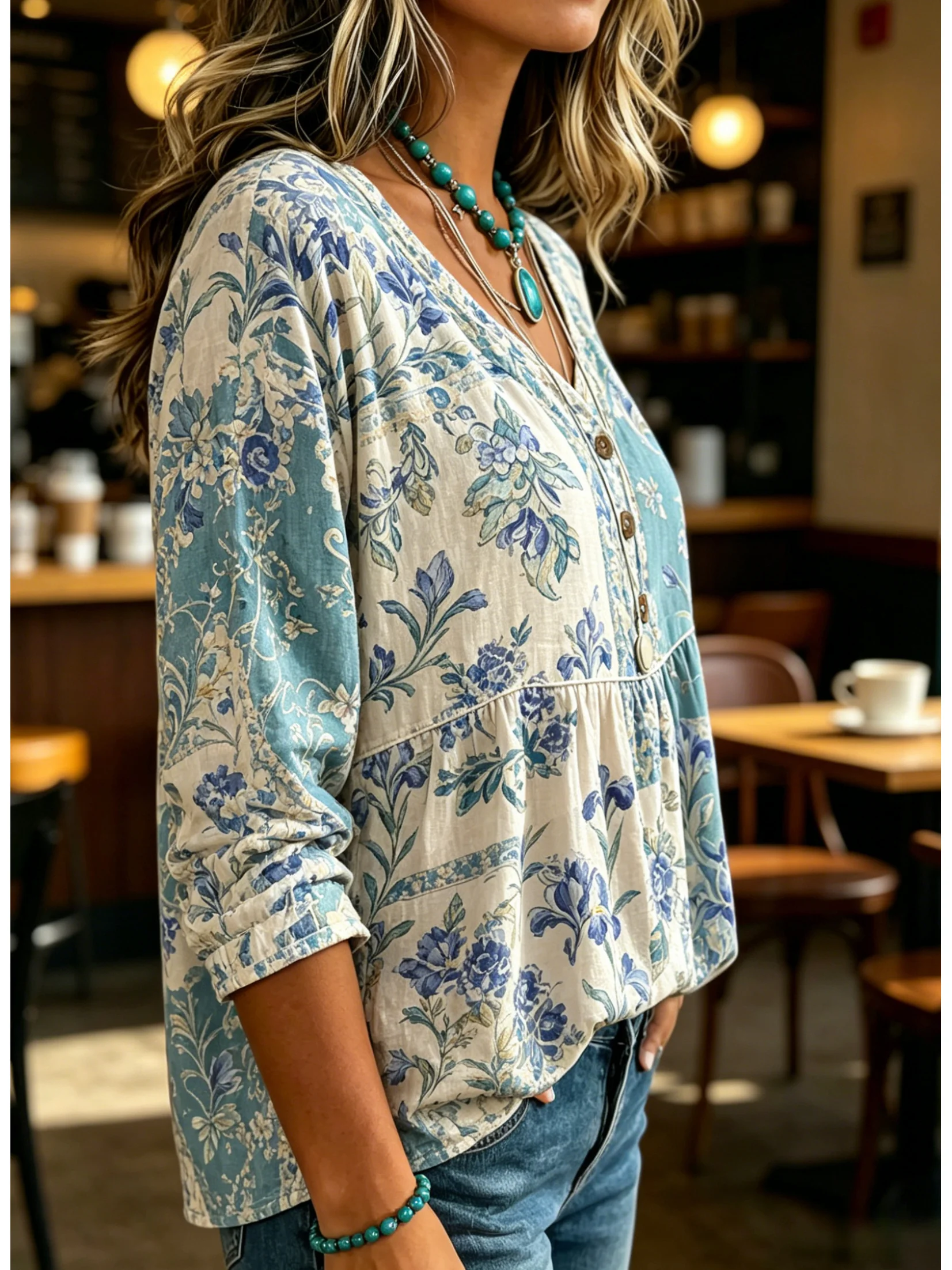 Iris Floral Patchwork Shirt Women Color Block V Neck Wooden Fastener 3/4 Sleeve Airy Fabric Vintage Library Wear - view 2
