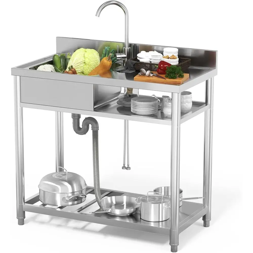 

stainless steel Single Bowl Kitchen Sinks with 360°Swivel Faucet utility sink for Laundry Room and Outdoor Sink (39 inch)