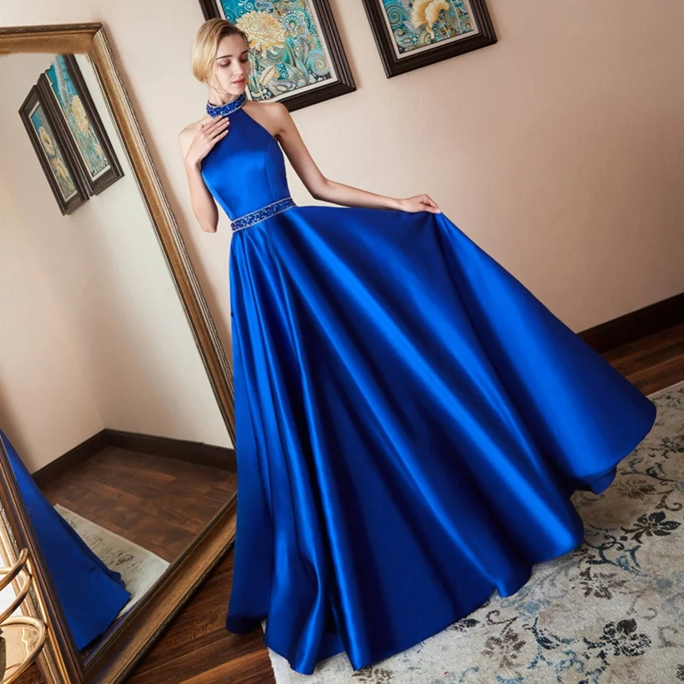 Elegante Hoge Hals Lovertjes Kralen Mouwloze A-Line Avondjurk Koningsblauw Sexy Backless Prom Jurken Costom Gemaakt Voor Vrouwen