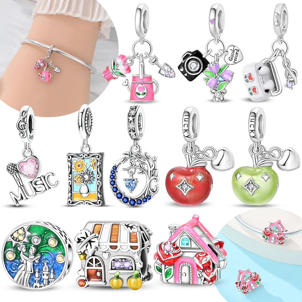 Music Microphone Apple House Garden Silver Plated Bead Original Charms Fit Bracelets Bag Keychain Charm Diy Women Gift Accessory