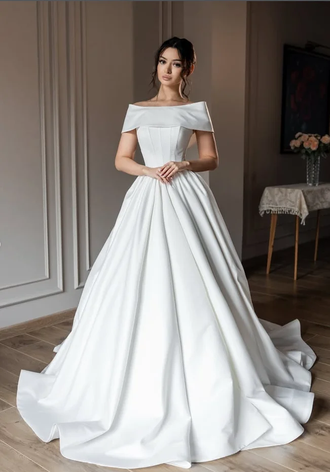 Customized Off Shoulder Satin Wedding Dress Simple Pleats Court Train Ball Gown Evening Dresses Vestido de novia