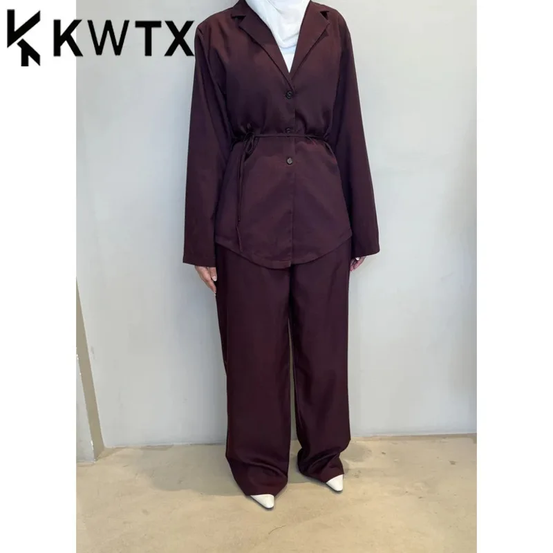 

KWTX 2025 Summer Women's Shirt Pants Set With Belt Two Piece Outfit Elegant Wide Leg Trousers Office Chic Spring Casual Suitest