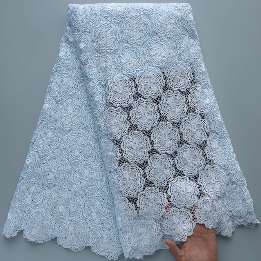 Reinweißer Guipure-Kordelspitzenstoff, hochwertige afrikanische wasserlösliche Spitze mit Strasssteinen für Damen-Abendkleider, 5 Yards