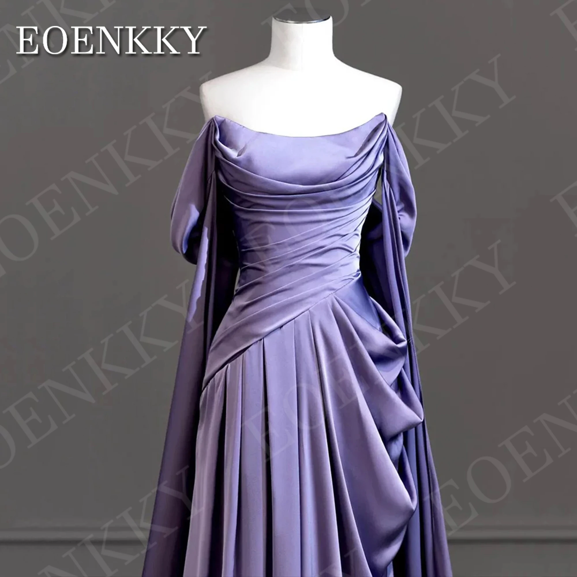 EOENKKY Saudi Arabia Evening Dress Maxi فستان سهرة نسائي Off Shoulder A Line Satin Pleats Formal Occasion Dresses Shawl Sleeves