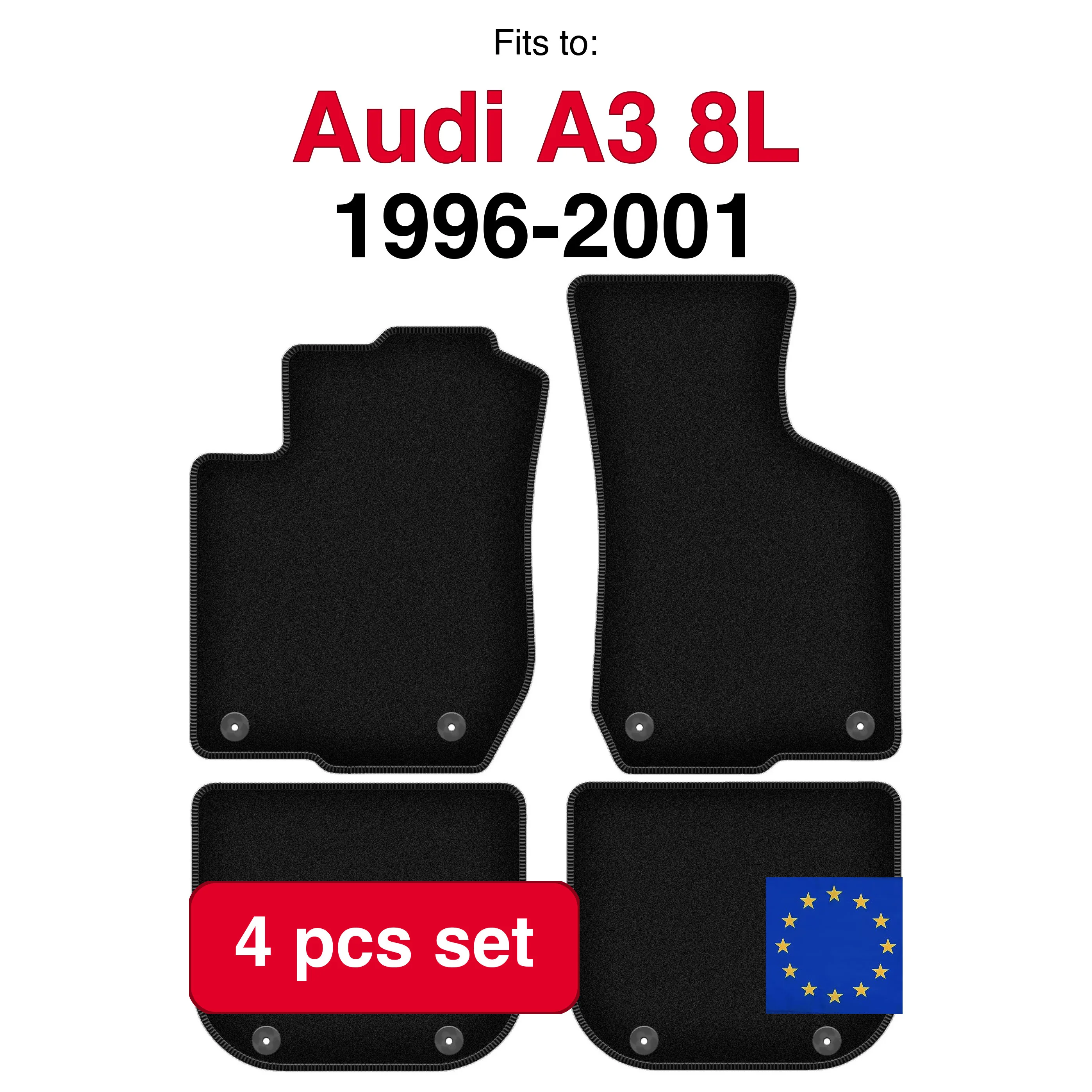 Image of Veloursteppich-Set für Audi A3 8L Schrägheck (1996-2001) - Schwarz (4 Stück) passgenaues Auto-Fußmatten-Set